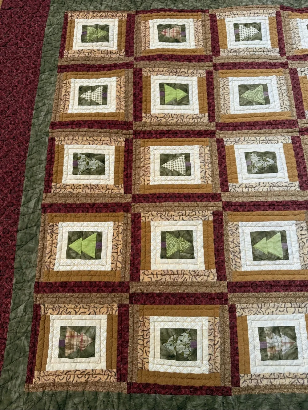 Professionally Made Quilt Trees Maroon Cabin Forest Rustic Throw Cotton 50x69”